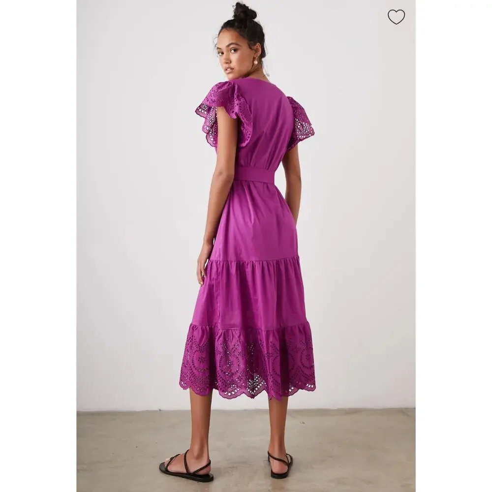 Rails Purple Magenta Berry Gia Dress Cotton Poplin Eyelet Midi Dress Size Medium
